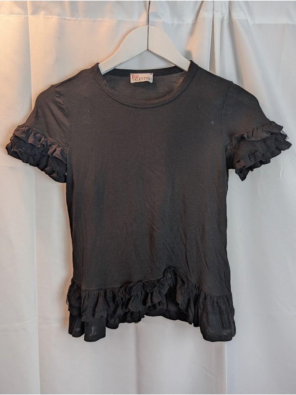 REDValentino Black Ruffle Sleeve & Hem Tee XS In VGUC